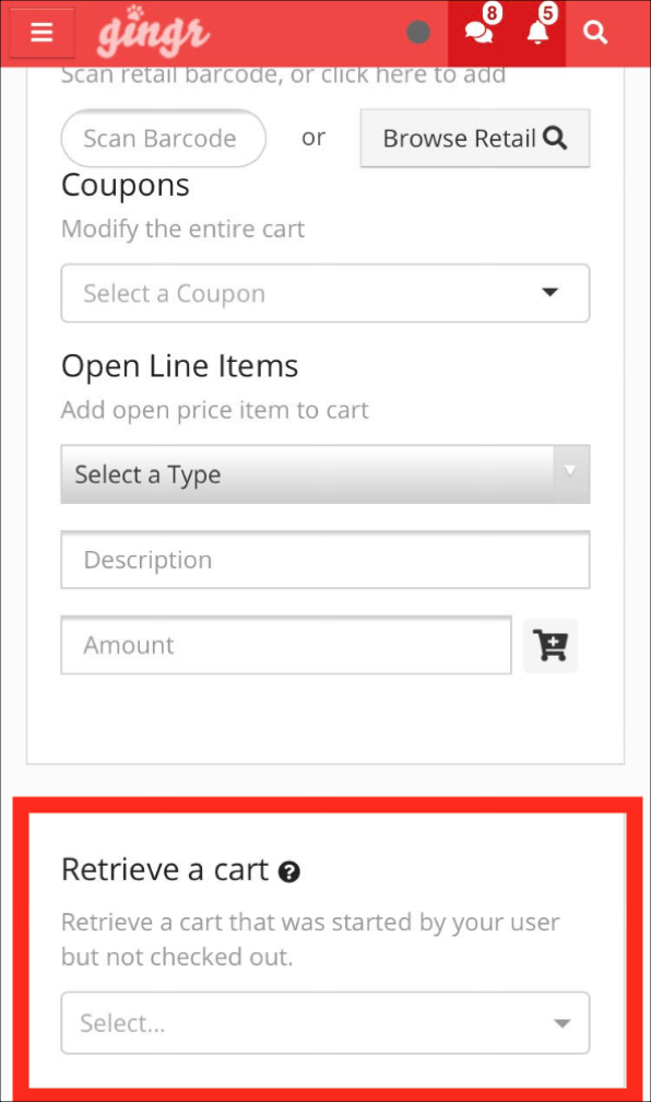 Retrieve a cart interface on a website.