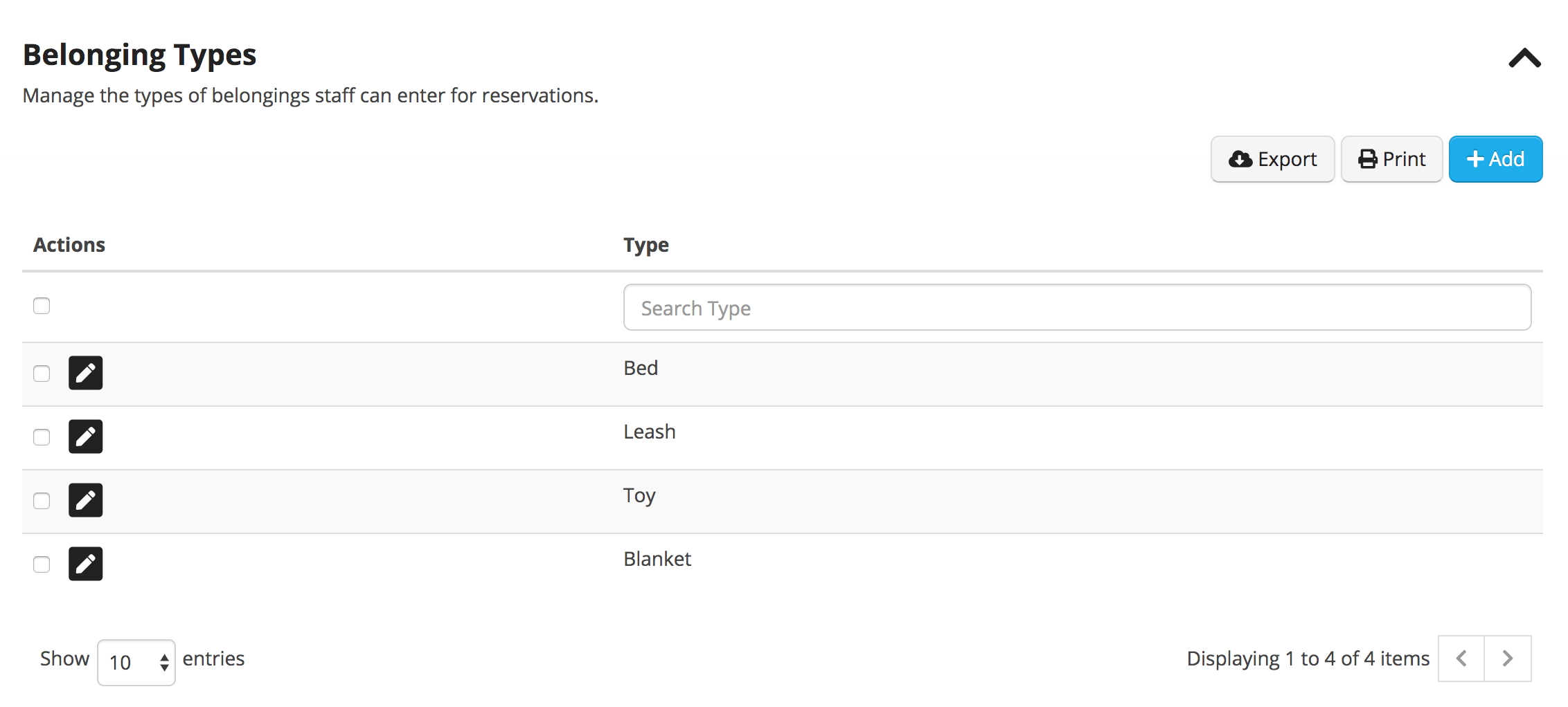 Belonging types list with edit options.