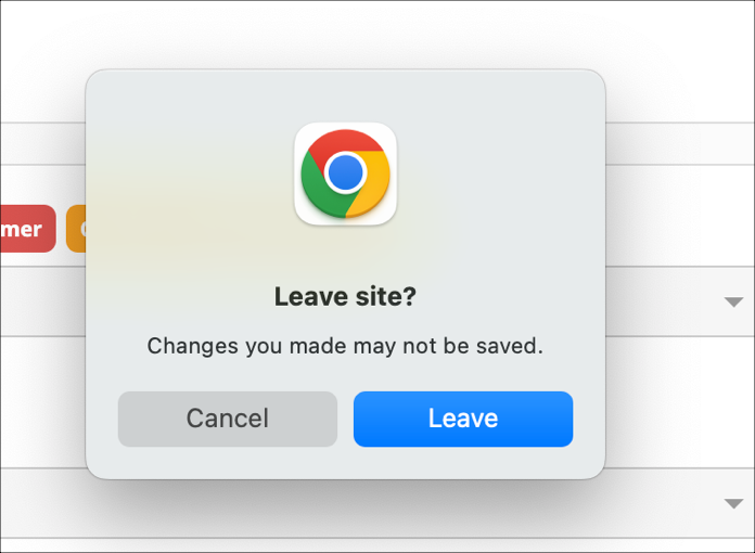 Leave site" confirmation dialog box.
