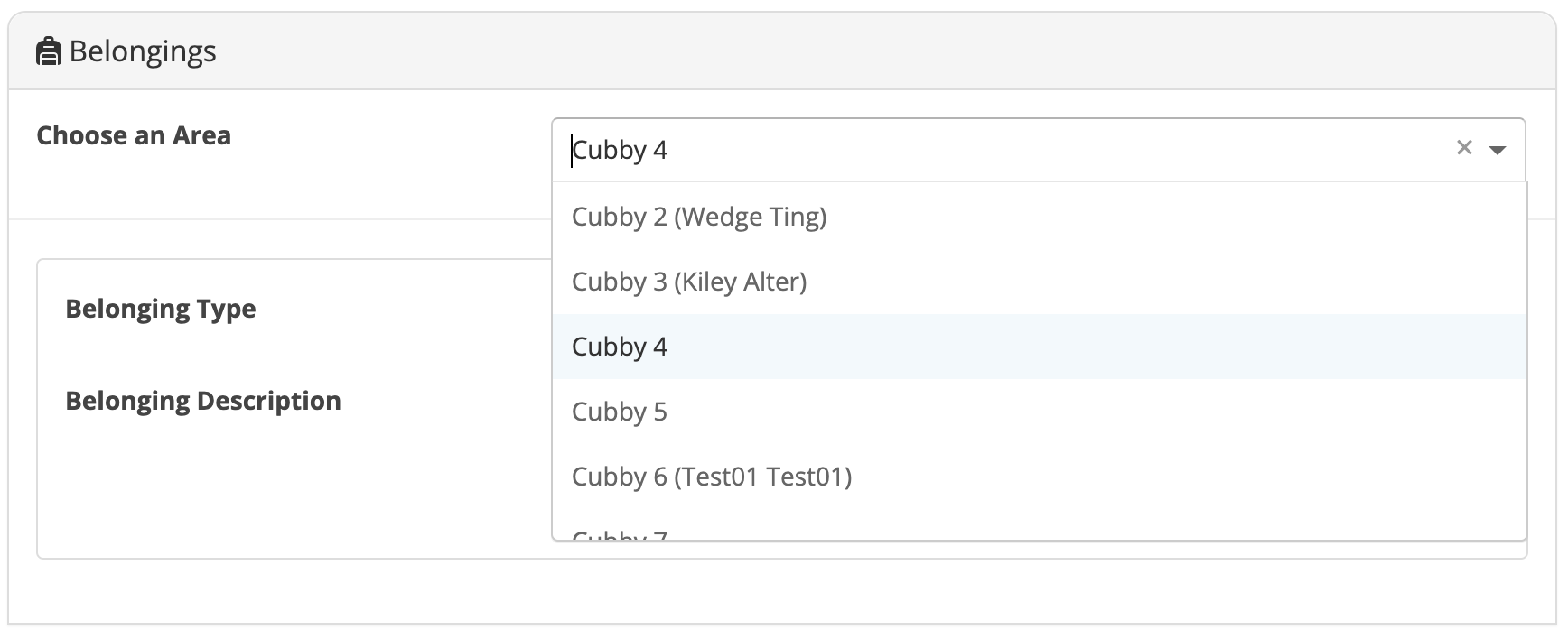 Dropdown menu with cubby options