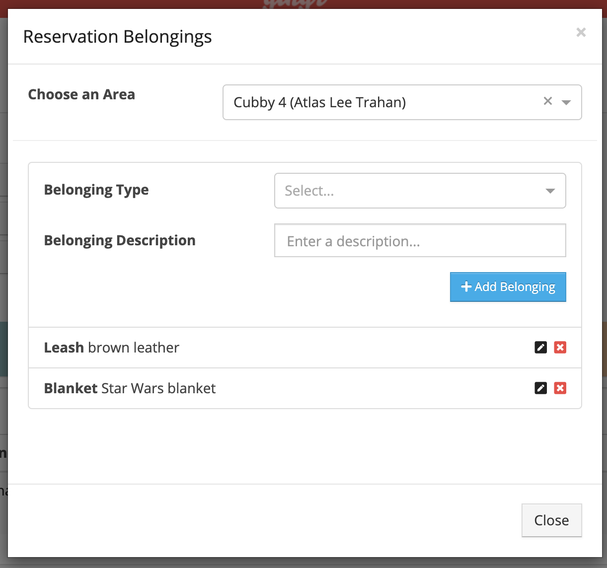 Reservation belongings form interface