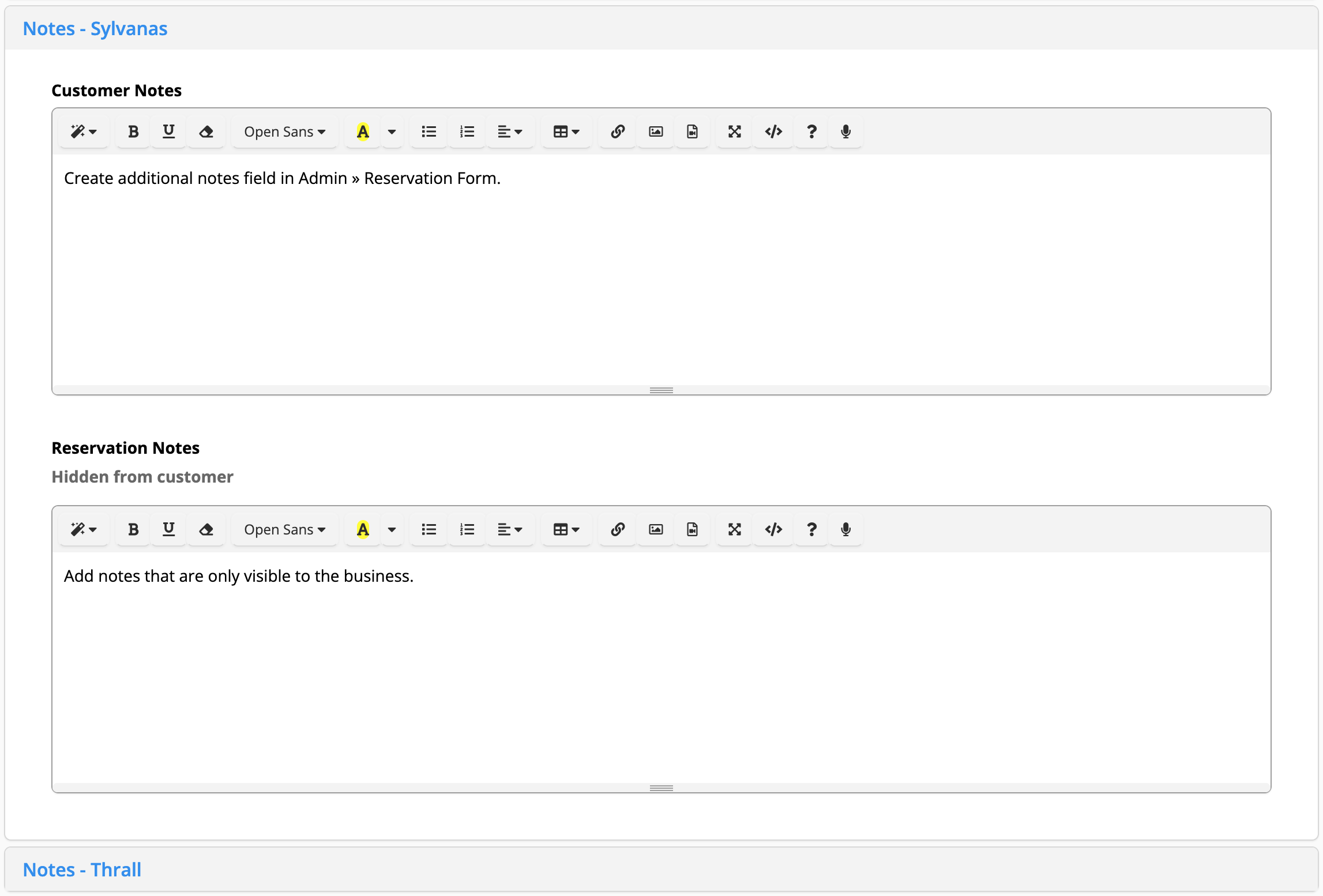 Admin reservation and business notes fields.