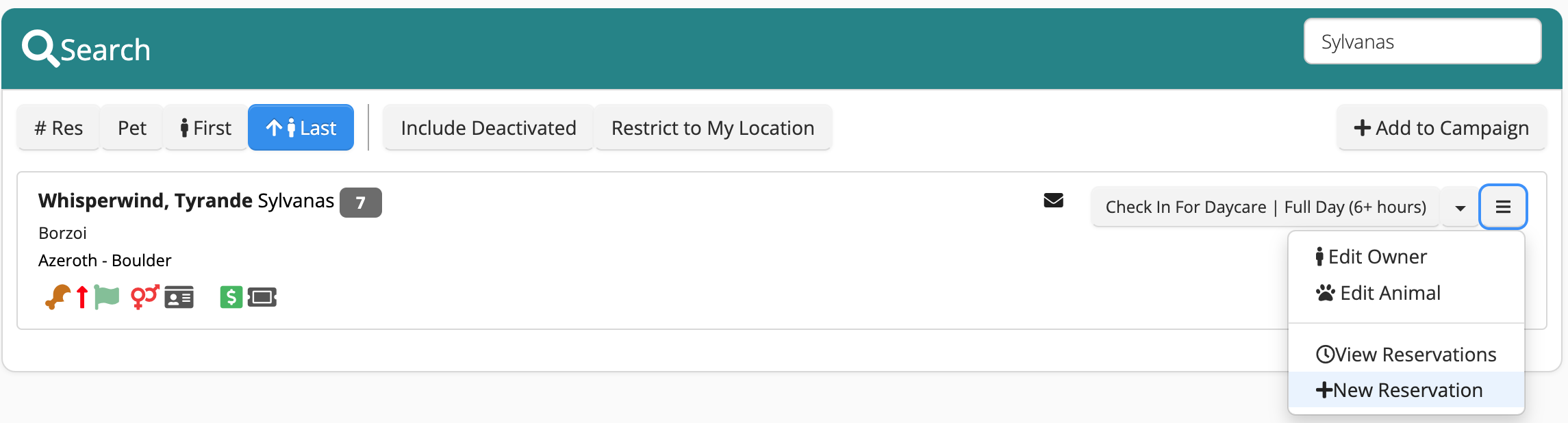 Pet reservation system interface.