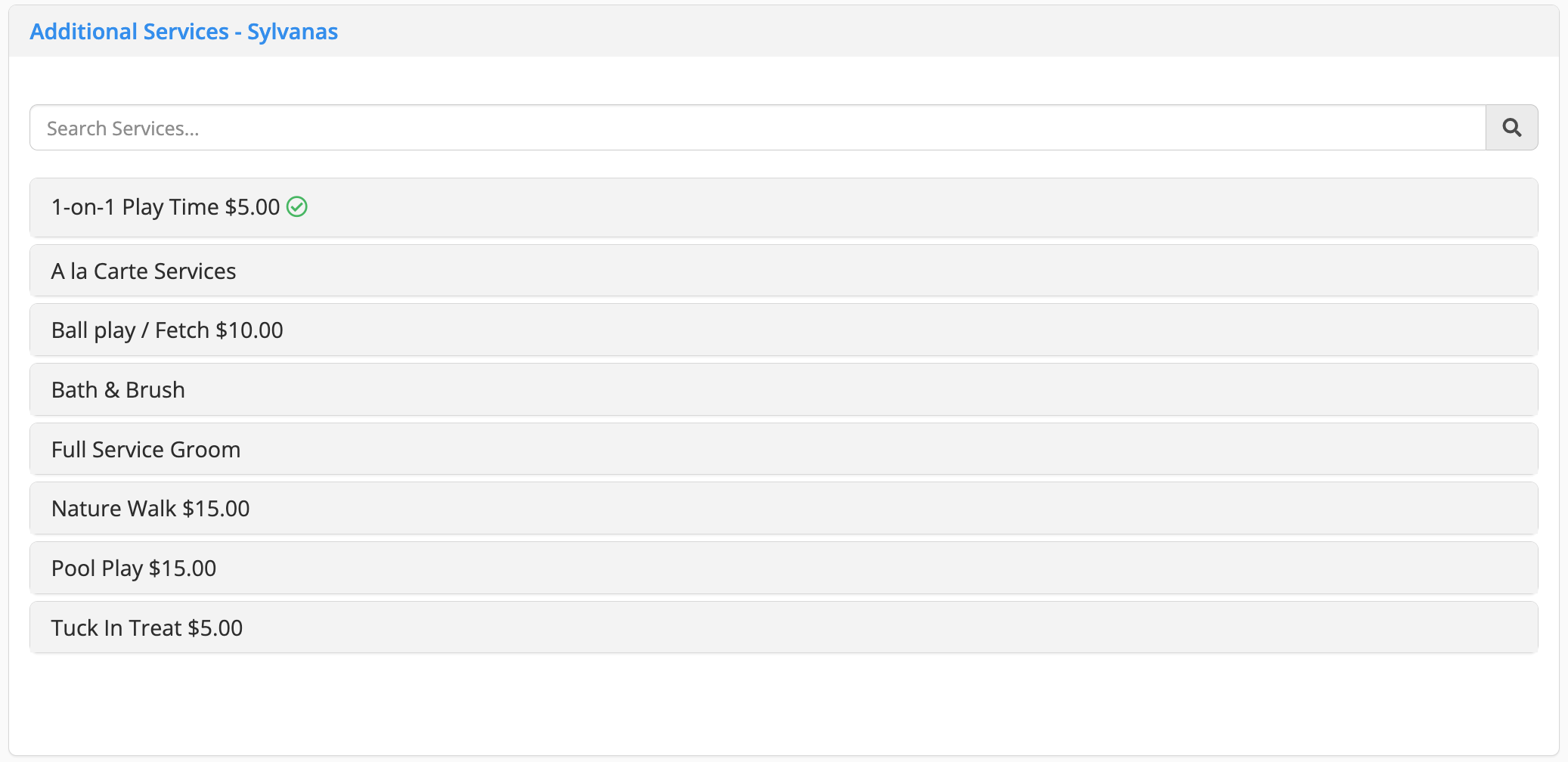 List of pet services with prices