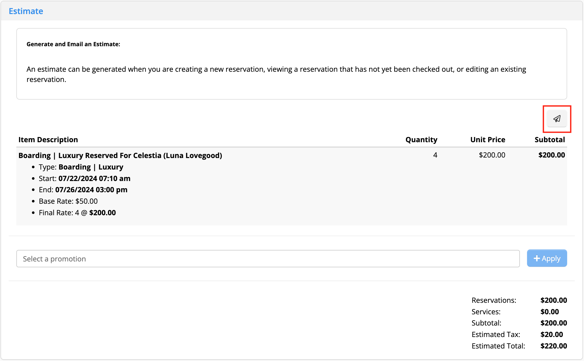 Boarding reservation estimate details.