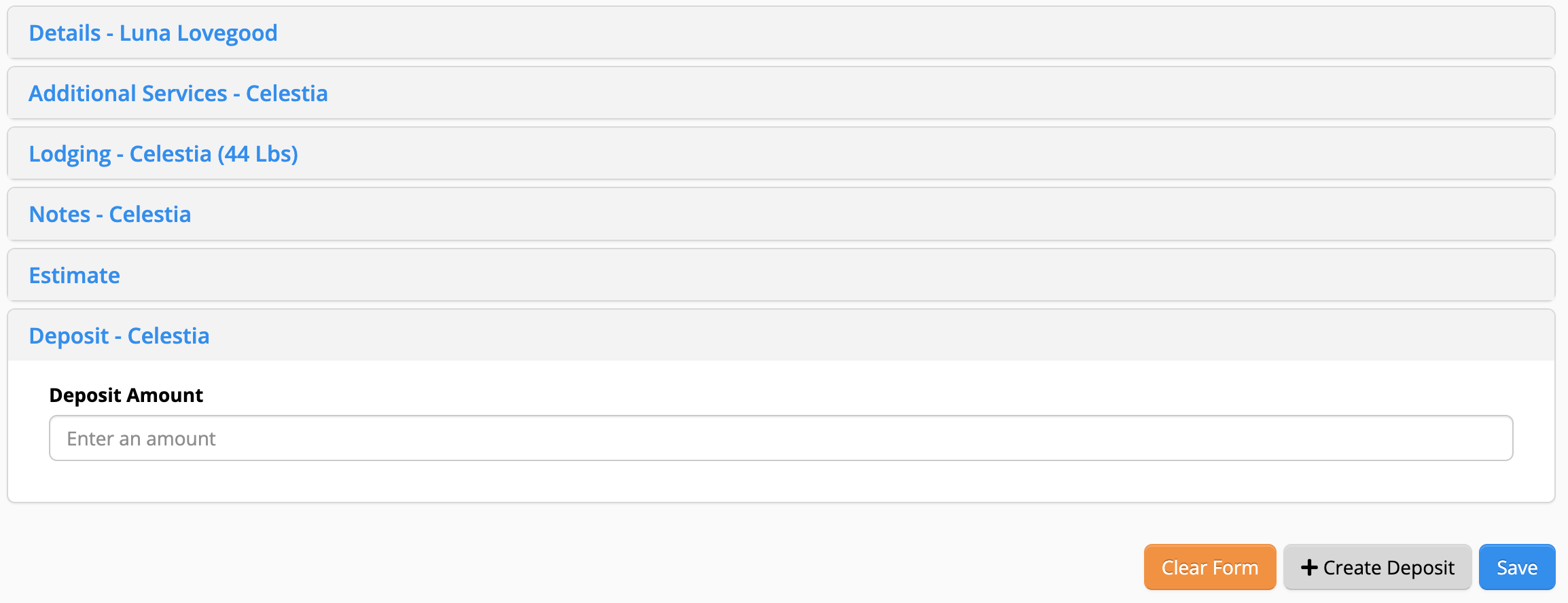 Form with deposit amount entry field.