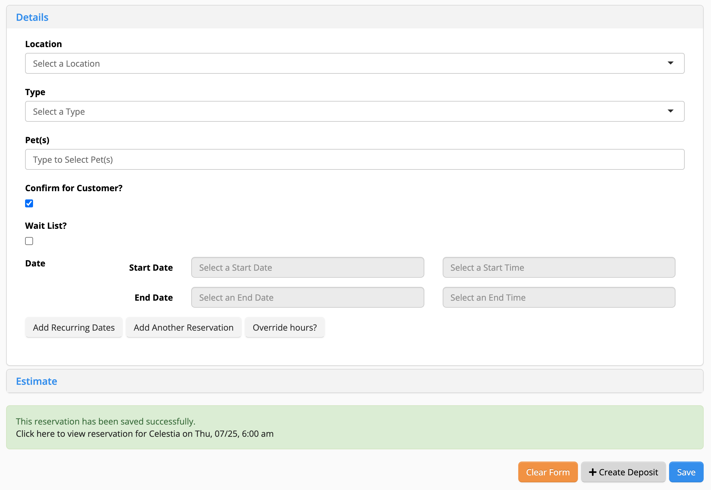 Reservation form interface screenshot.