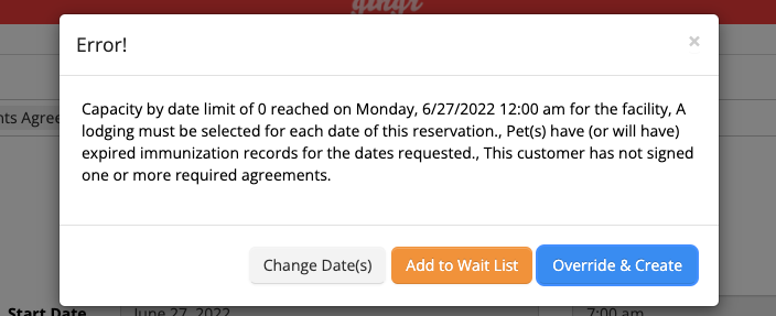 Error message with options to change date or waitlist.