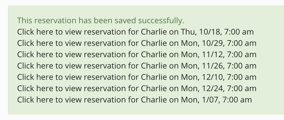 Reservation list for Charlie with dates and times.
