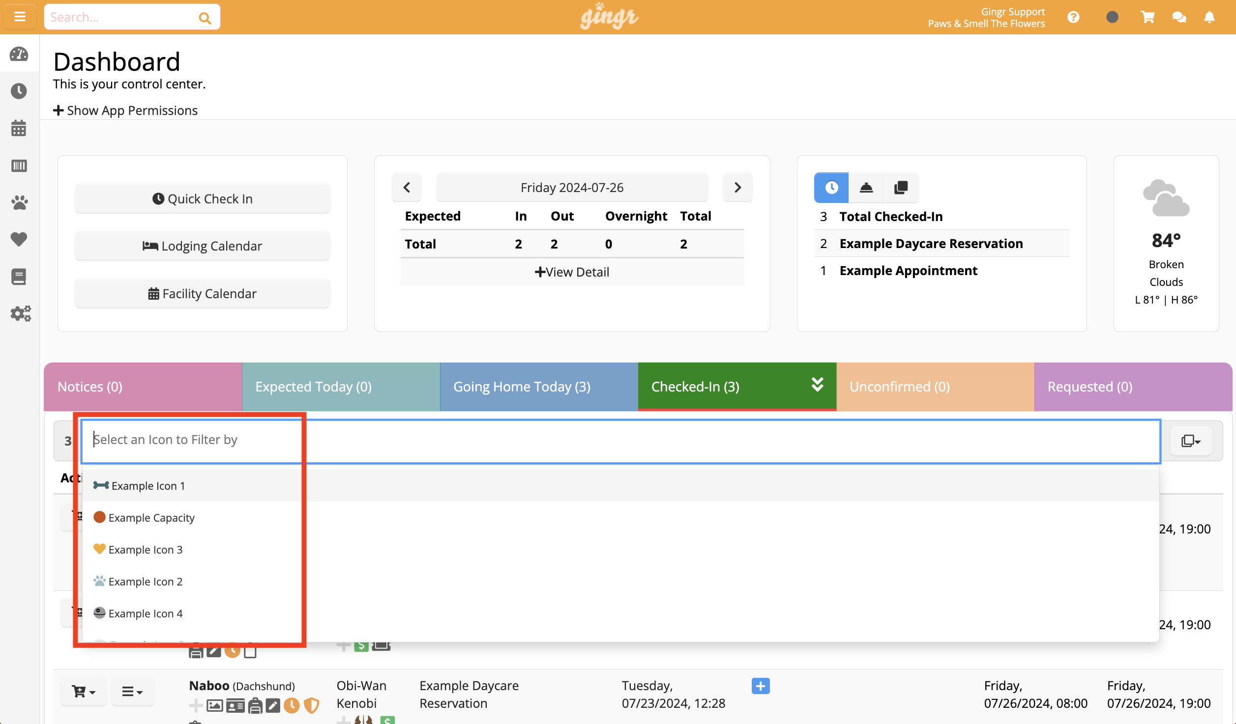 Dashboard with filter options and calendar.