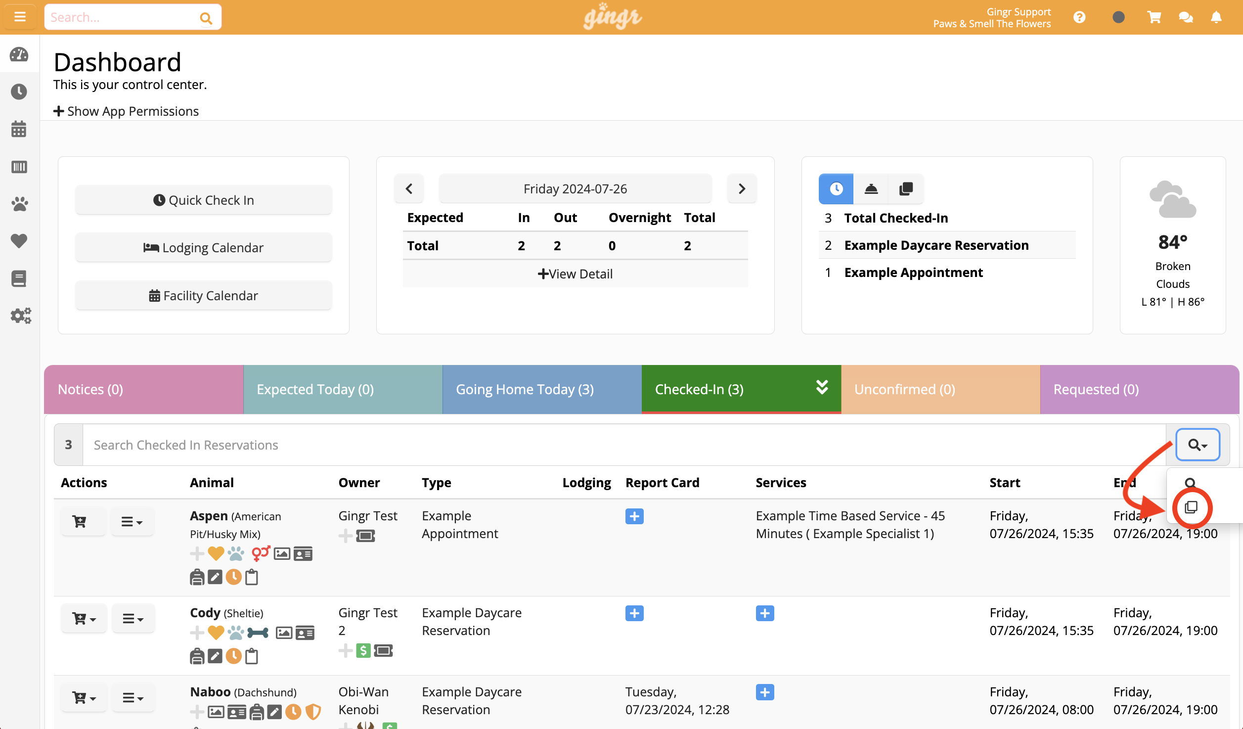 Dashboard with pet reservations list