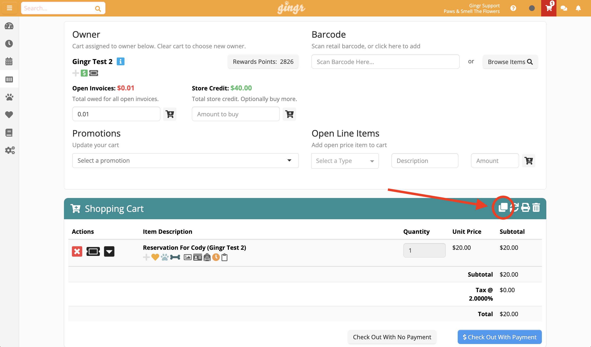 Shopping cart interface with reservation details.