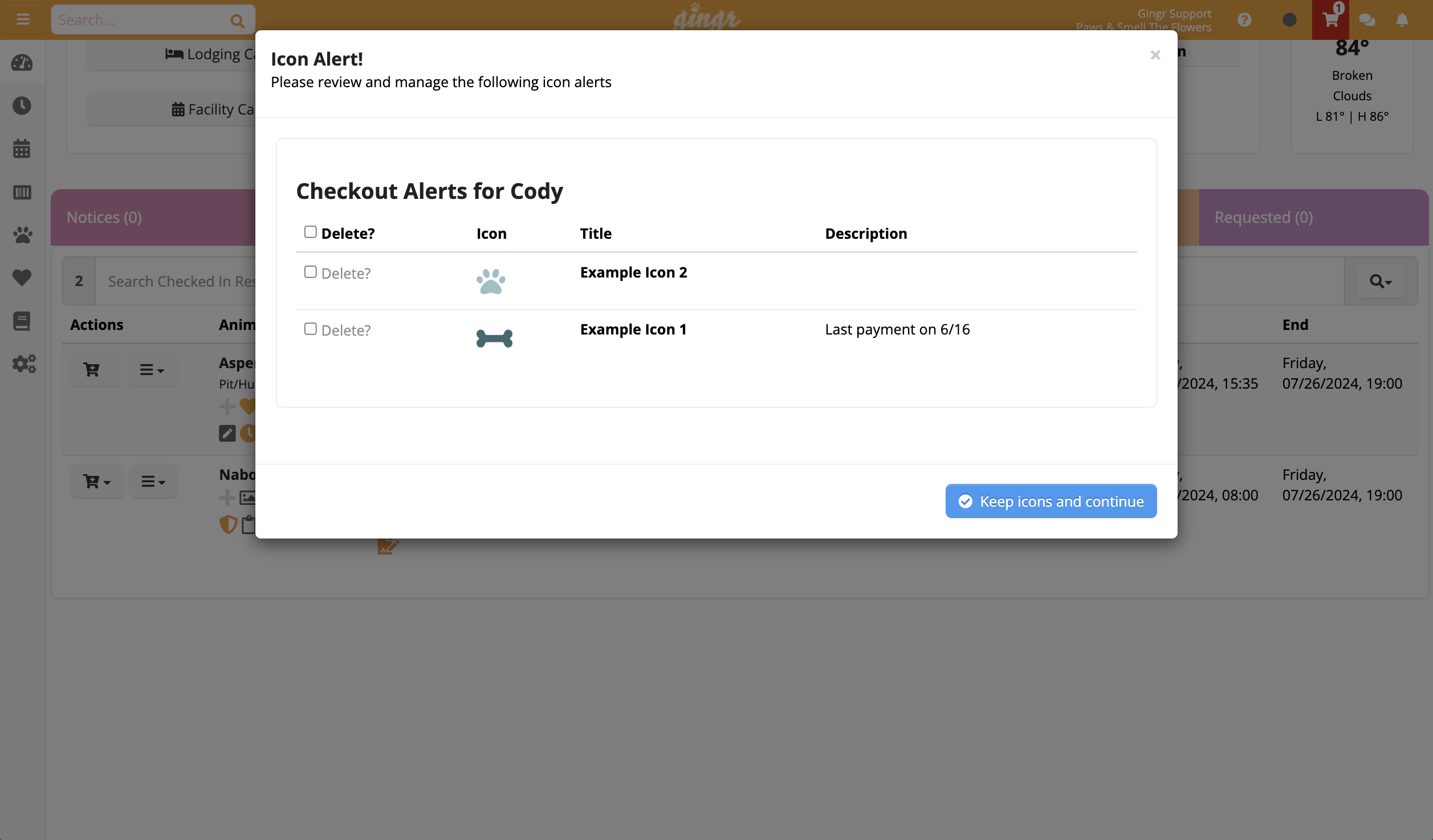 Checkout alerts for Cody with icons.