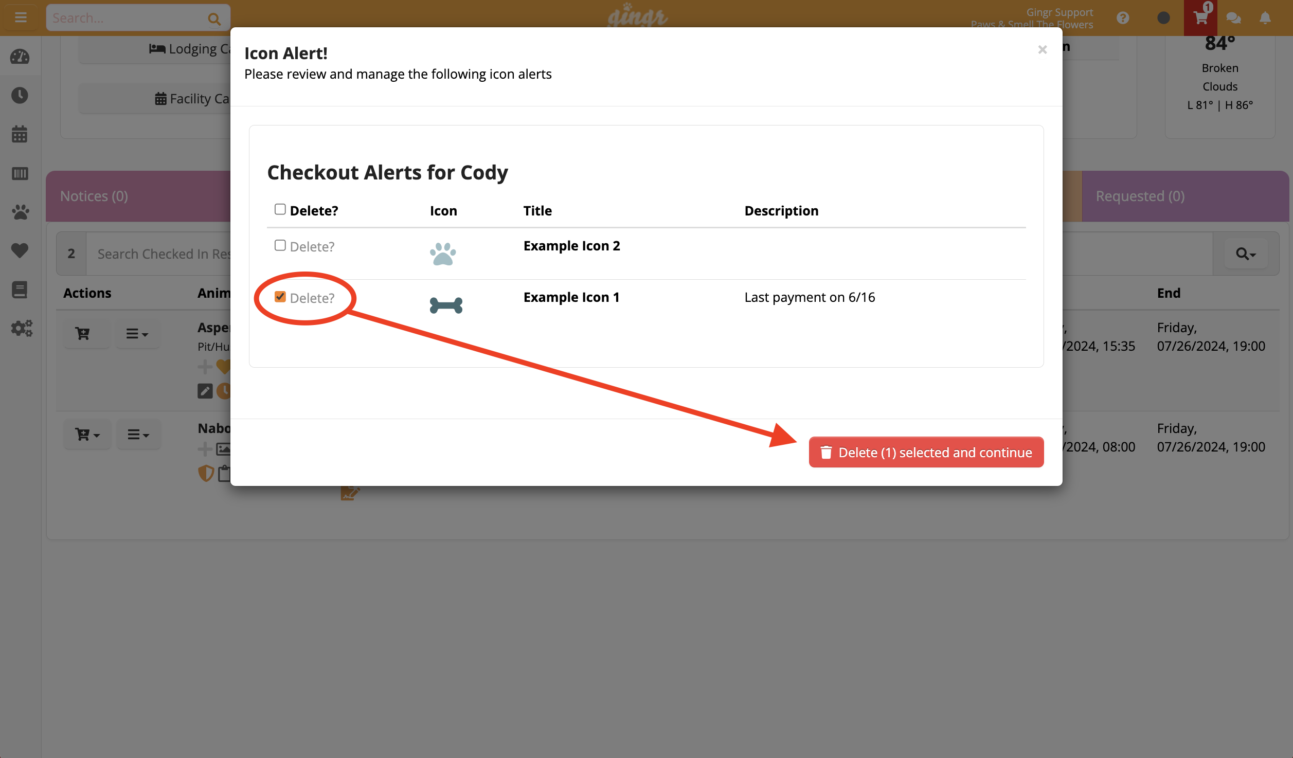Delete alert confirmation dialog box.