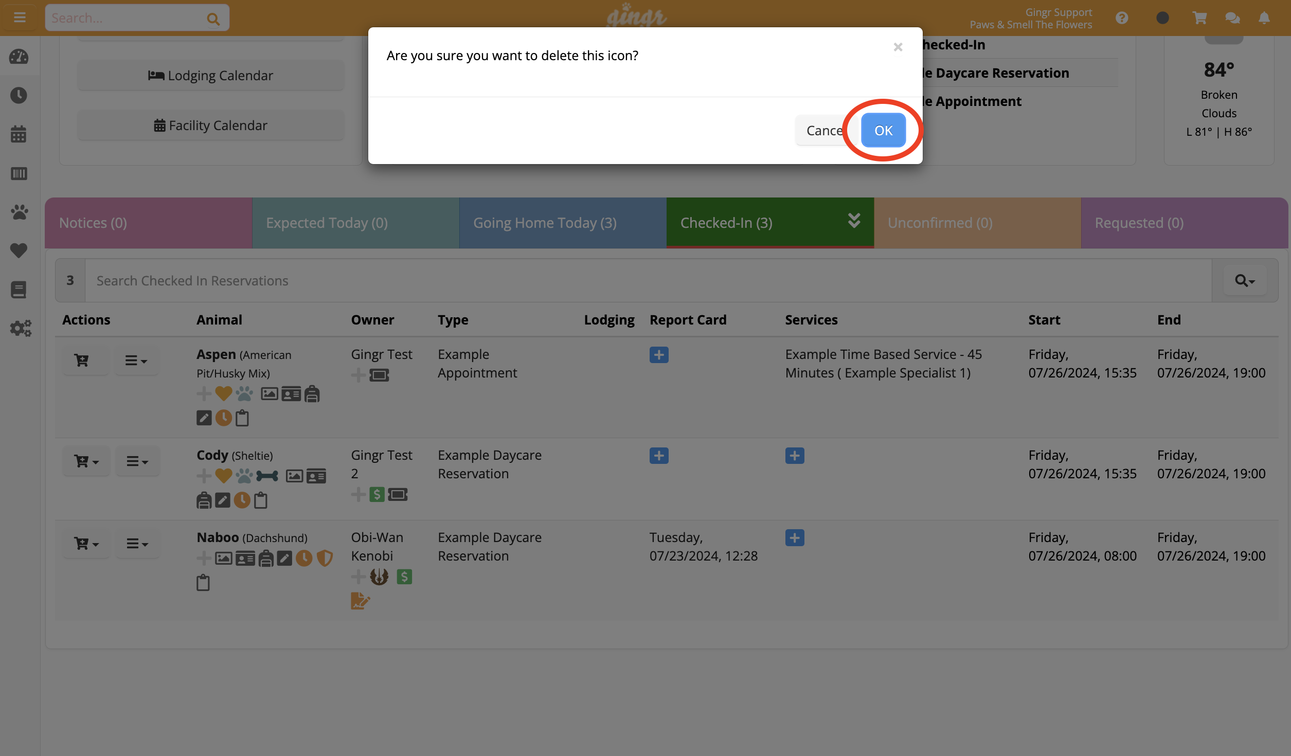 Confirmation dialog with OK button highlighted.