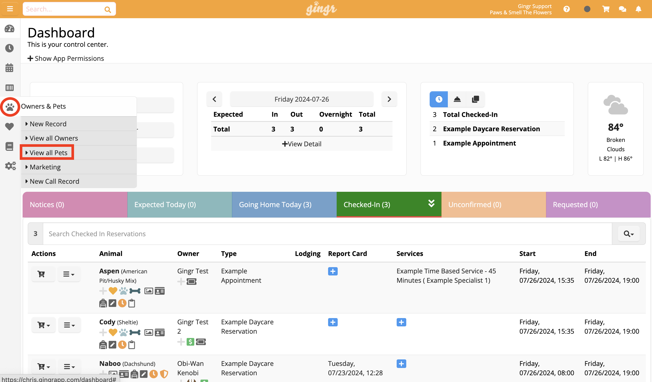 Dashboard with pet reservation details