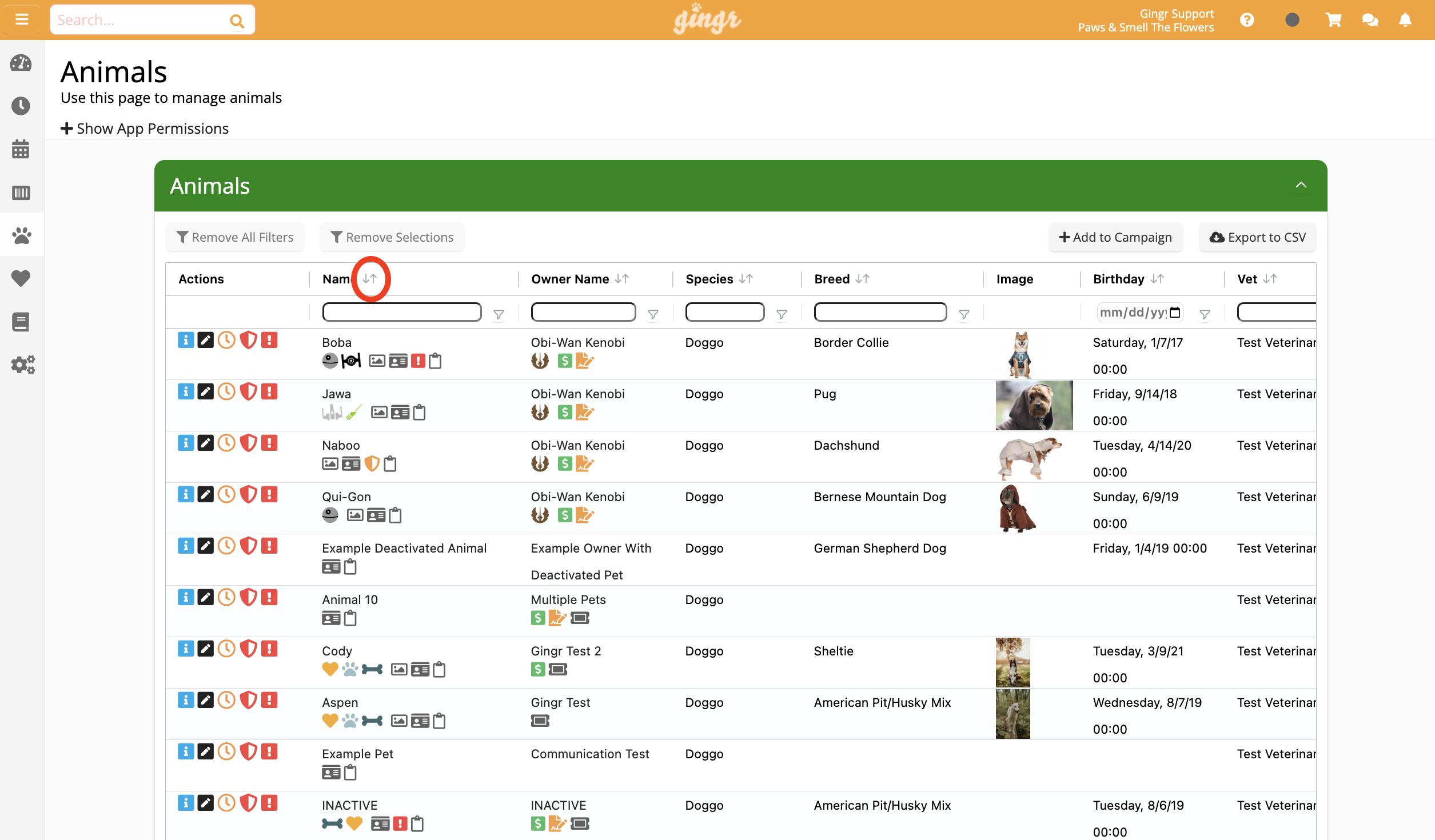 Animal management page with pet details table.