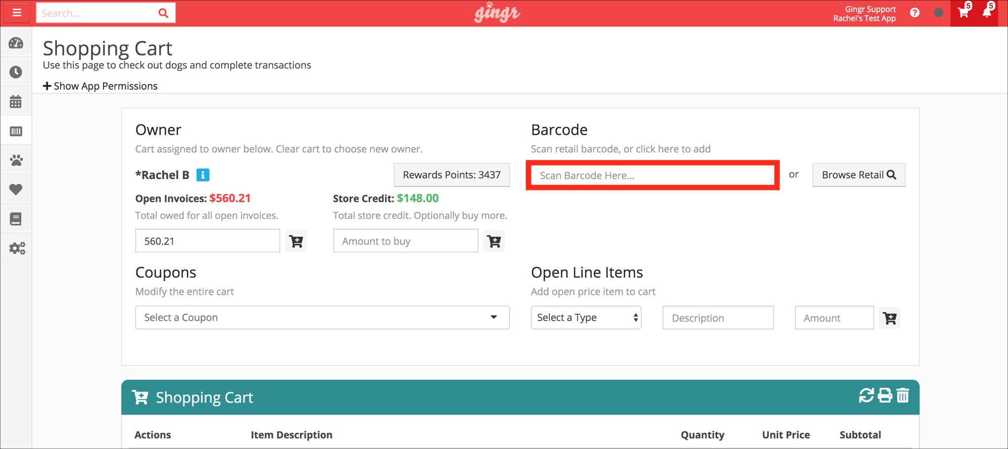 Shopping cart interface with barcode scanner.