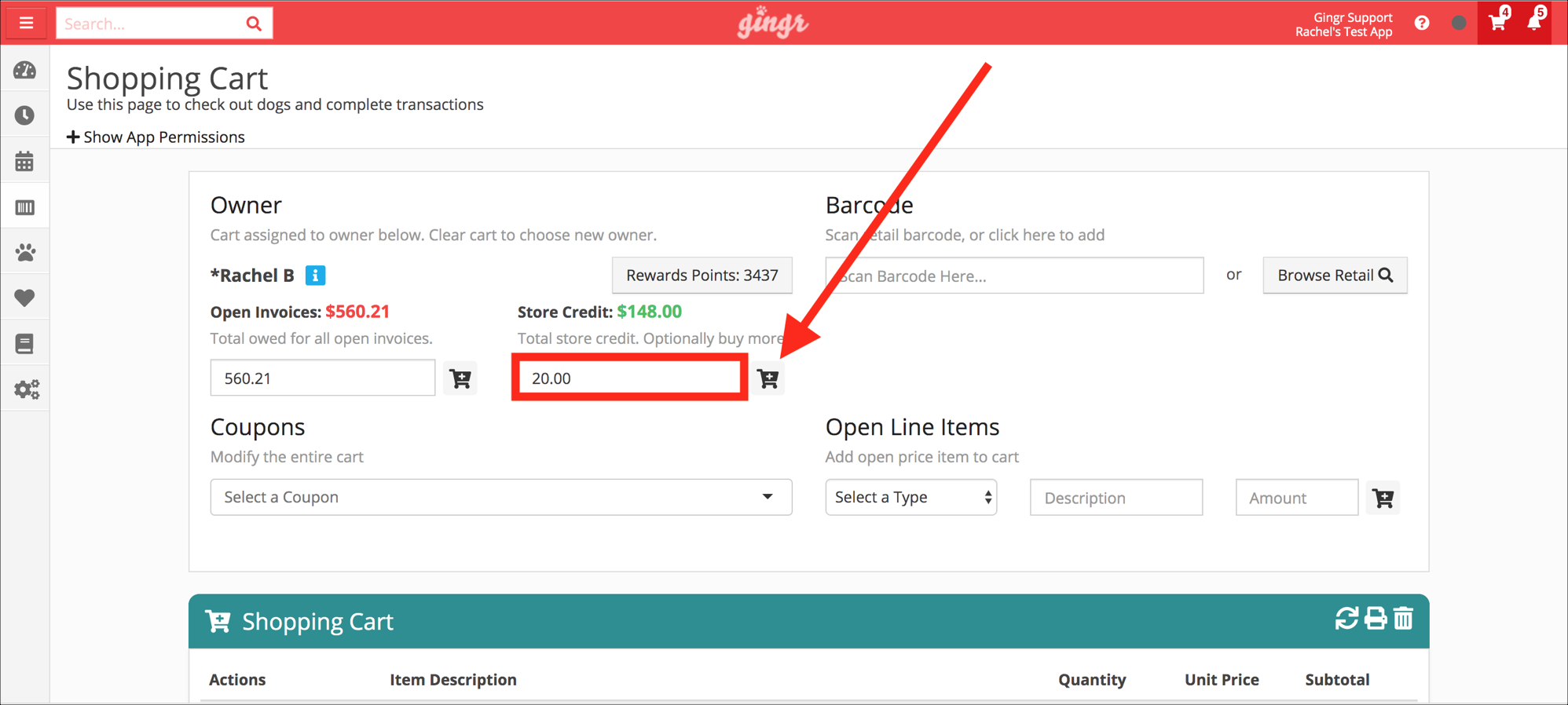 Shopping cart interface with invoice details.