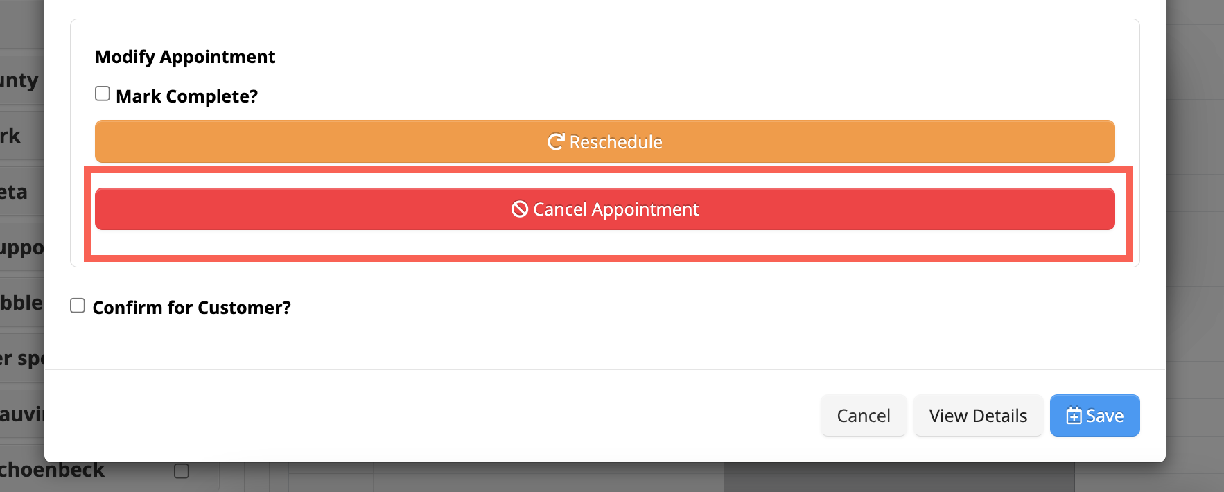 Appointment options: Reschedule or Cancel