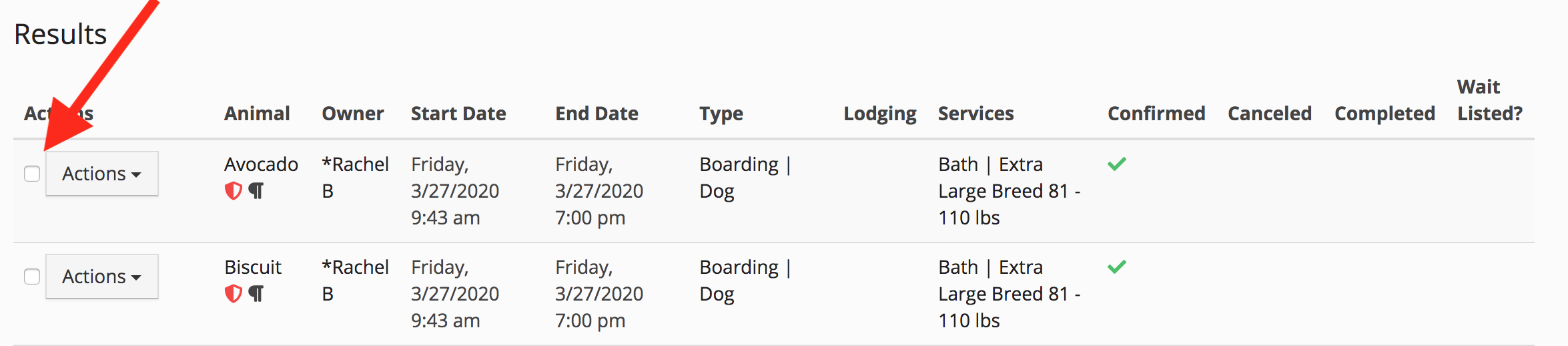 Boarding schedule for two dogs.