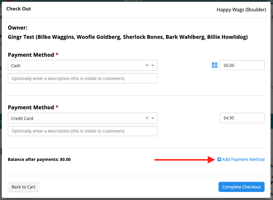 Checkout screen with payment methods