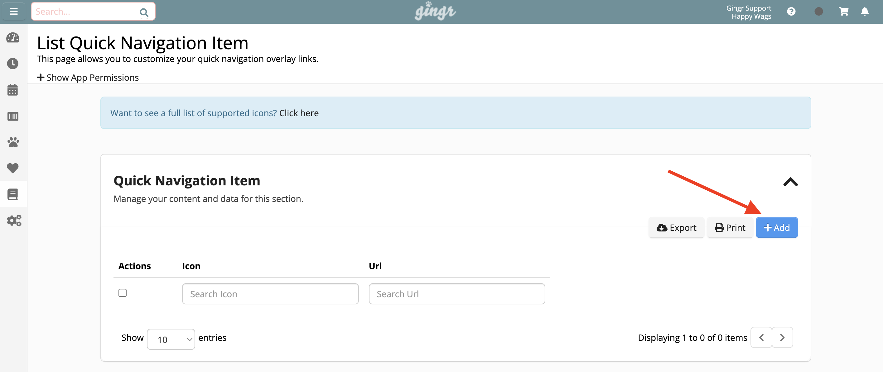 Quick Navigation Item page with Add button.