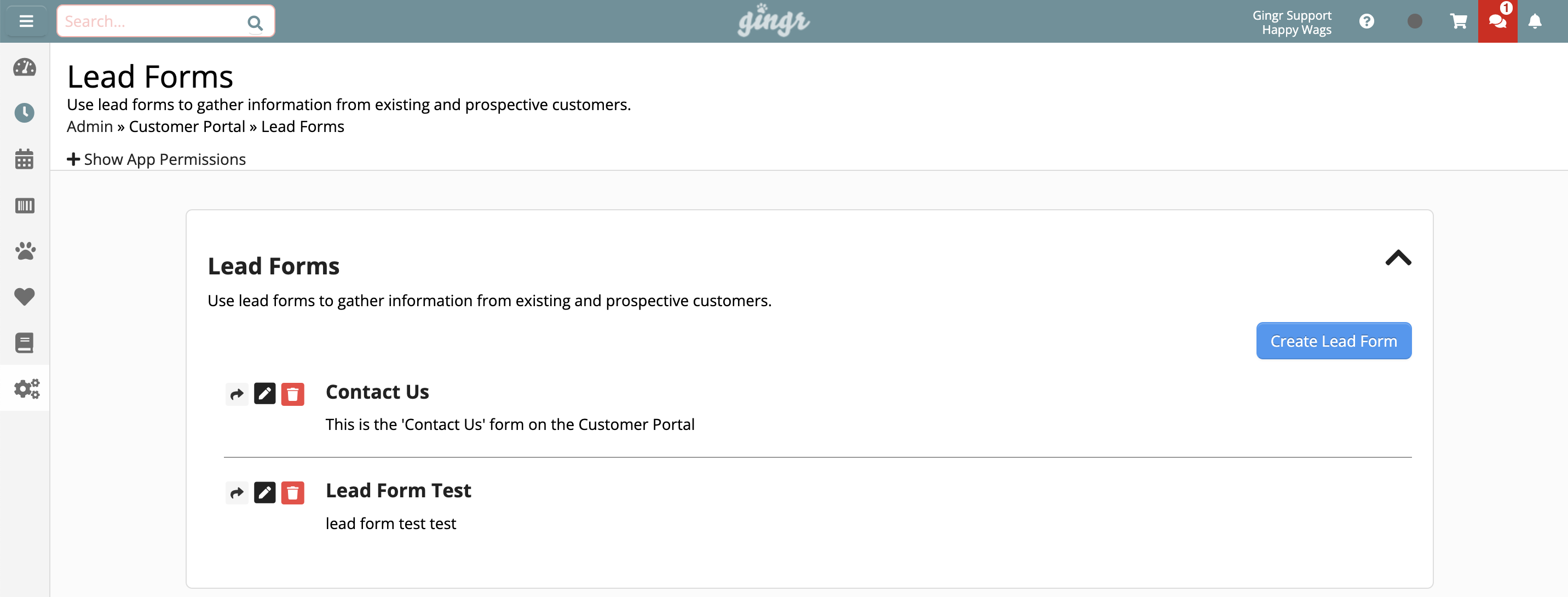 Lead Forms page with options to create forms.