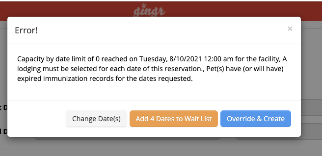 Error message with options to change dates.
