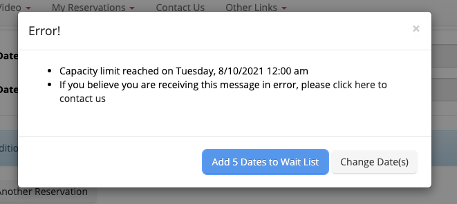 Error message about capacity limit reached.