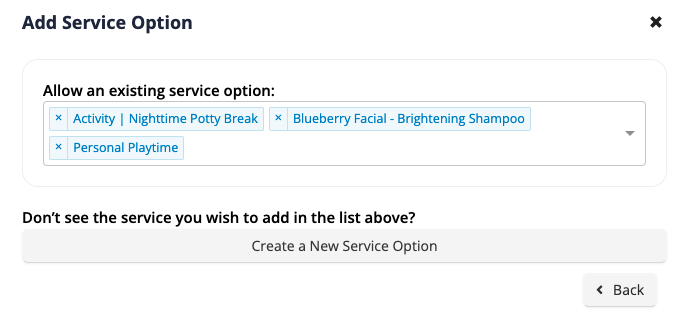 Add Service Option interface with options list.