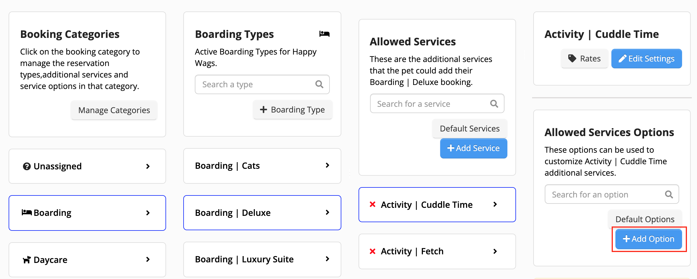 Pet boarding and services management interface.