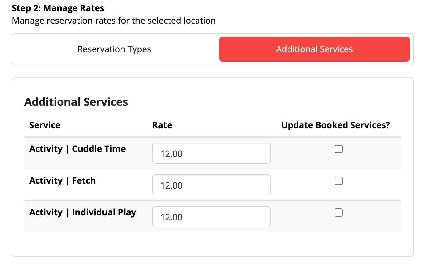 Additional services rate table