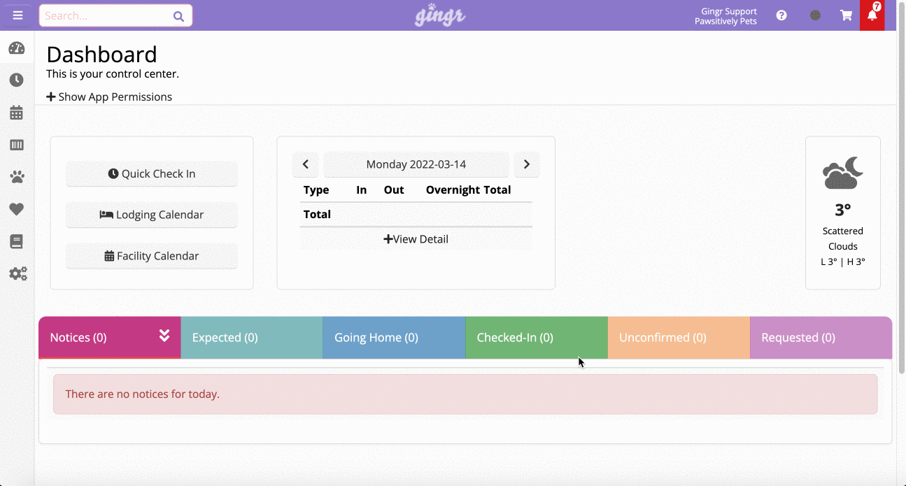 Dashboard with weather and calendar widgets.