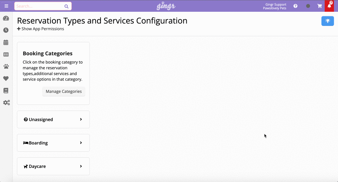 Reservation types and services configuration page