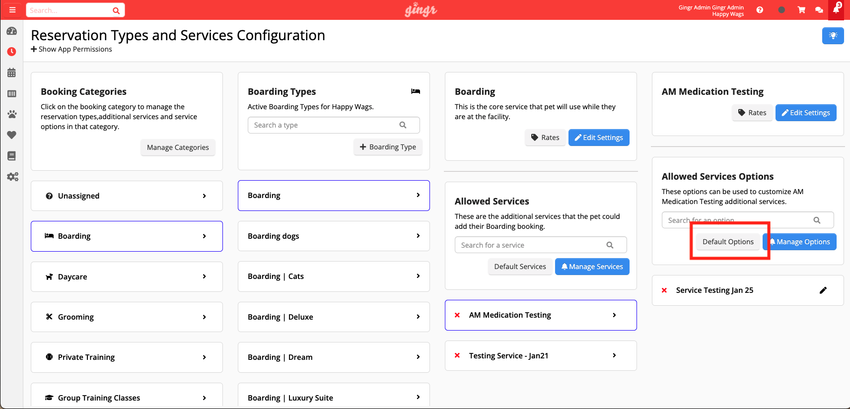 Reservation types and services configuration page.