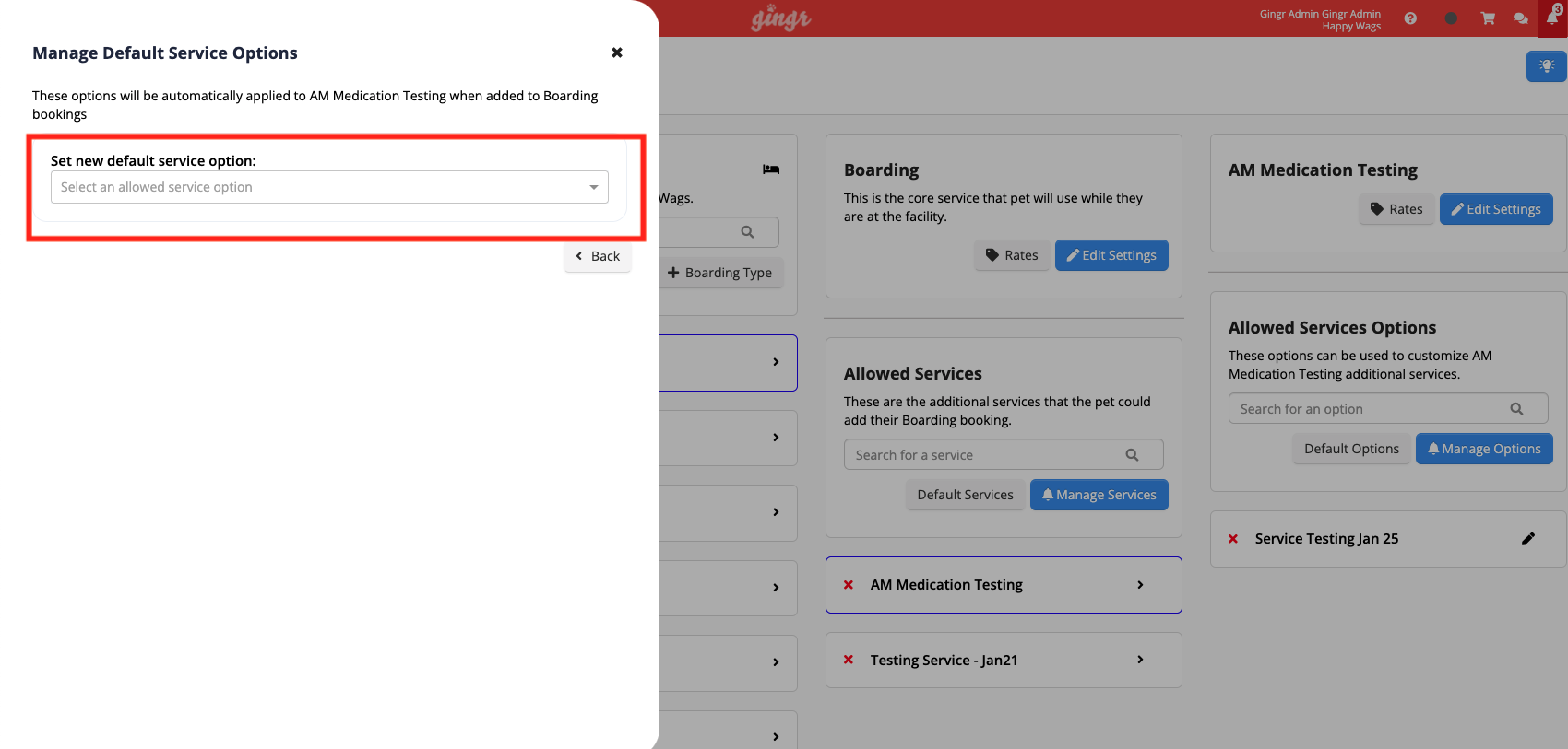 Manage Default Service Options interface