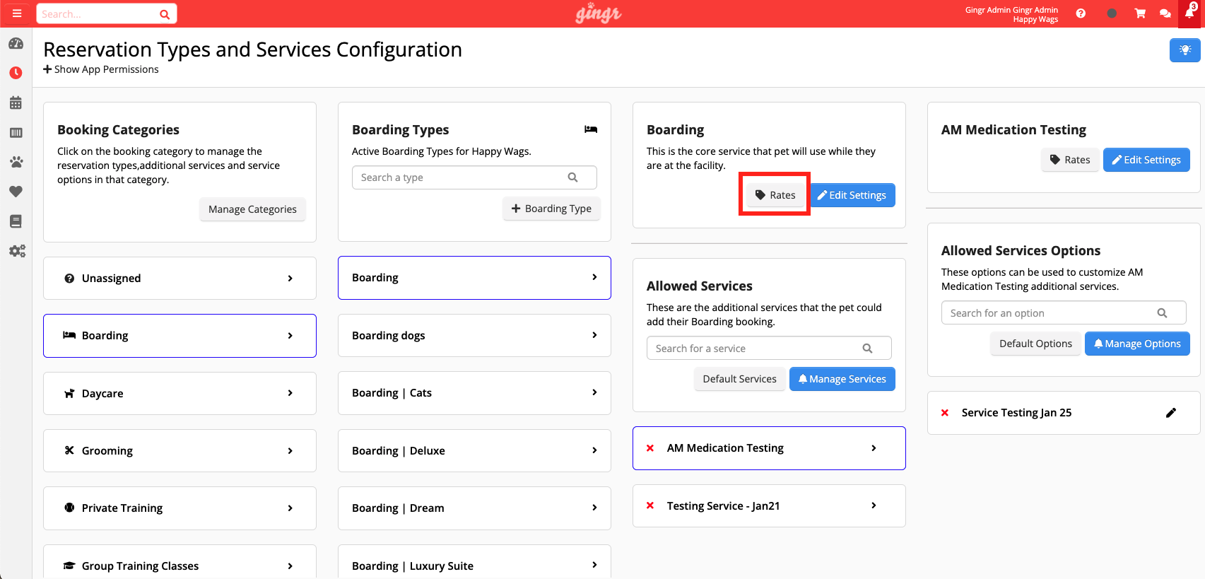 Reservation and services configuration page