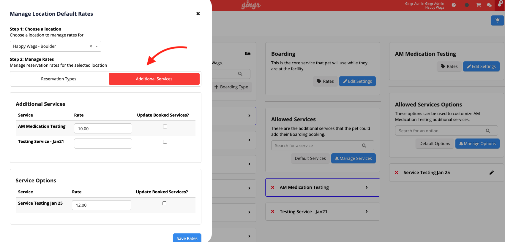Manage location default rates interface.
