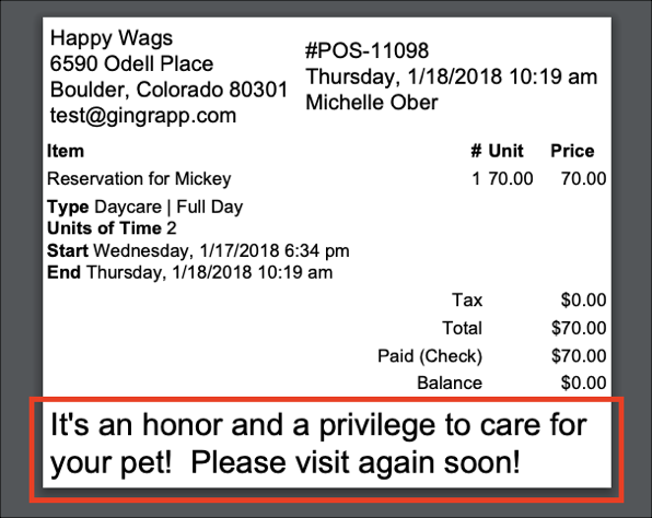Pet daycare receipt with thank you message.
