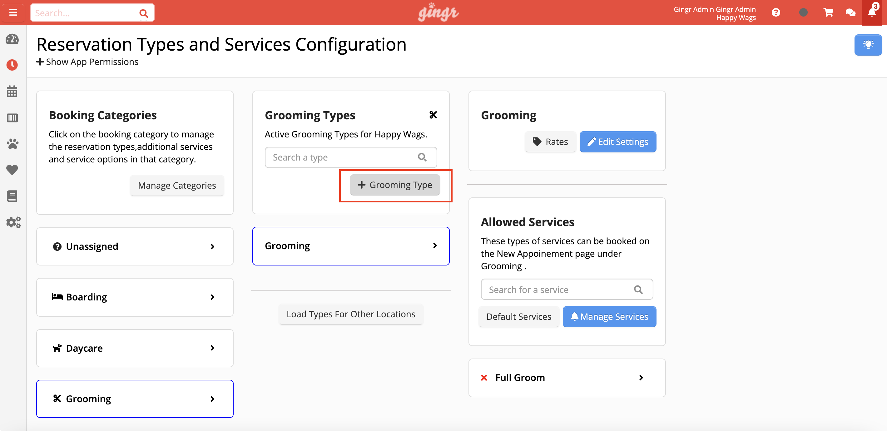 Reservation and services configuration page