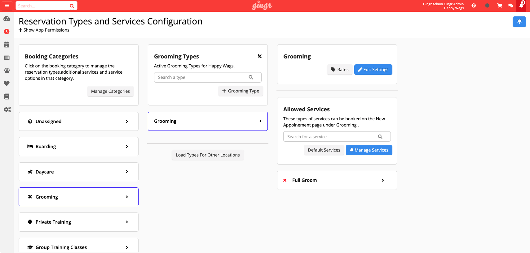 Reservation and services configuration page.