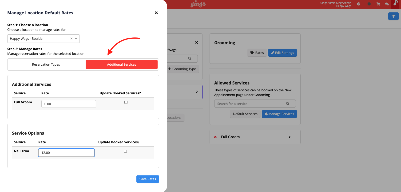 Manage location default rates interface