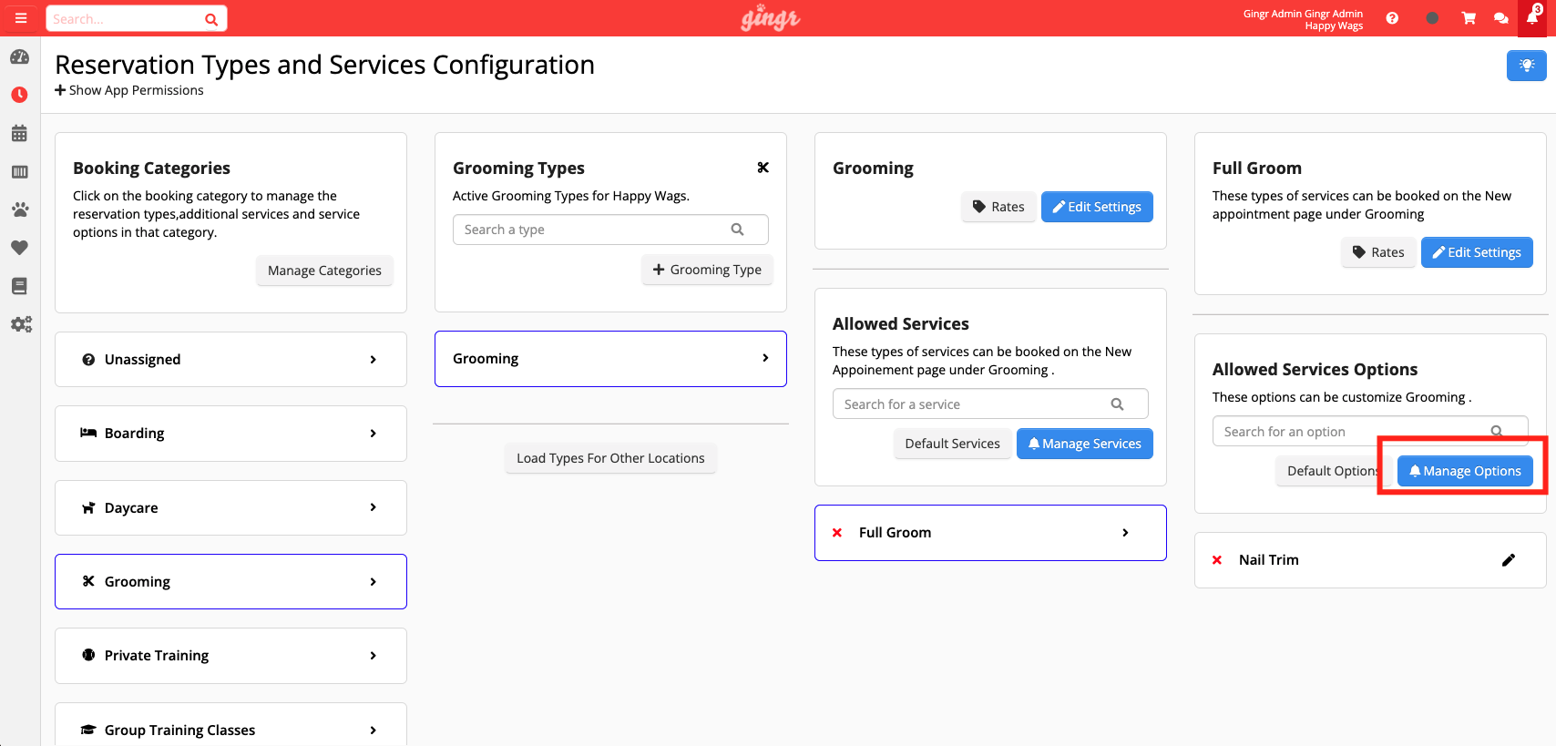 Reservation and services configuration page