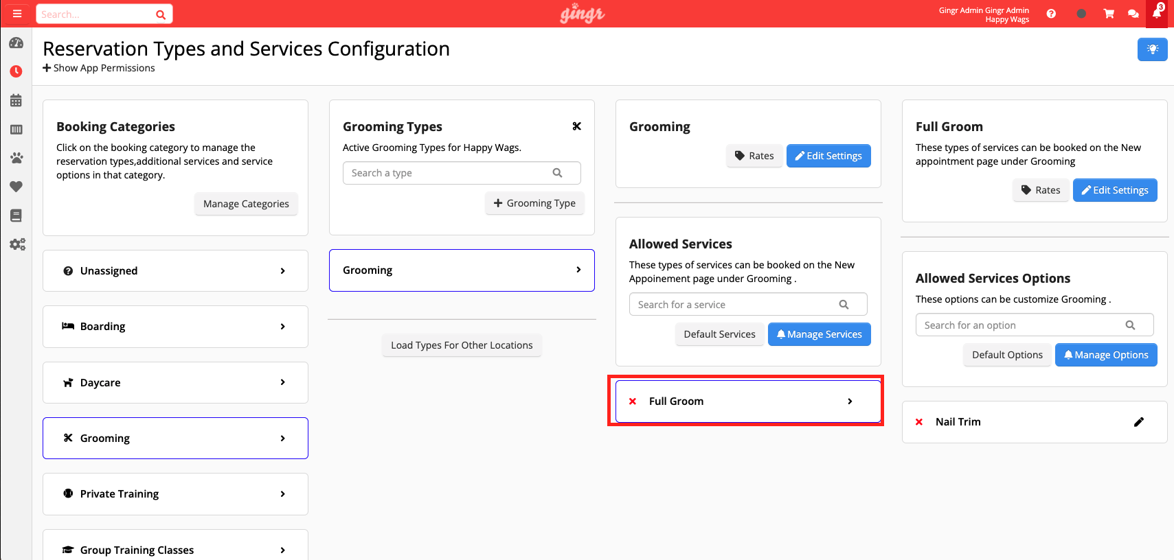 Reservation and services configuration page