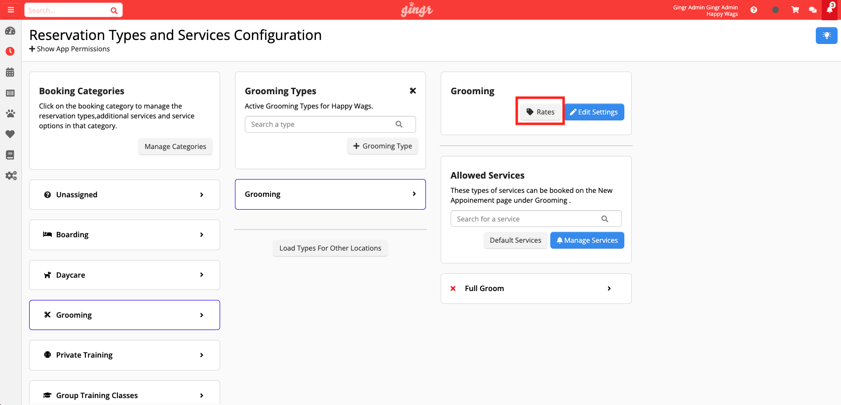 Reservation and services configuration page