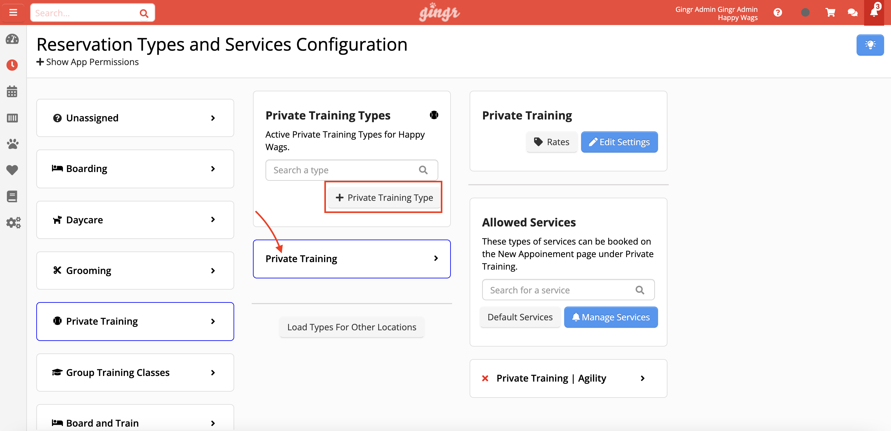 Reservation types configuration screen