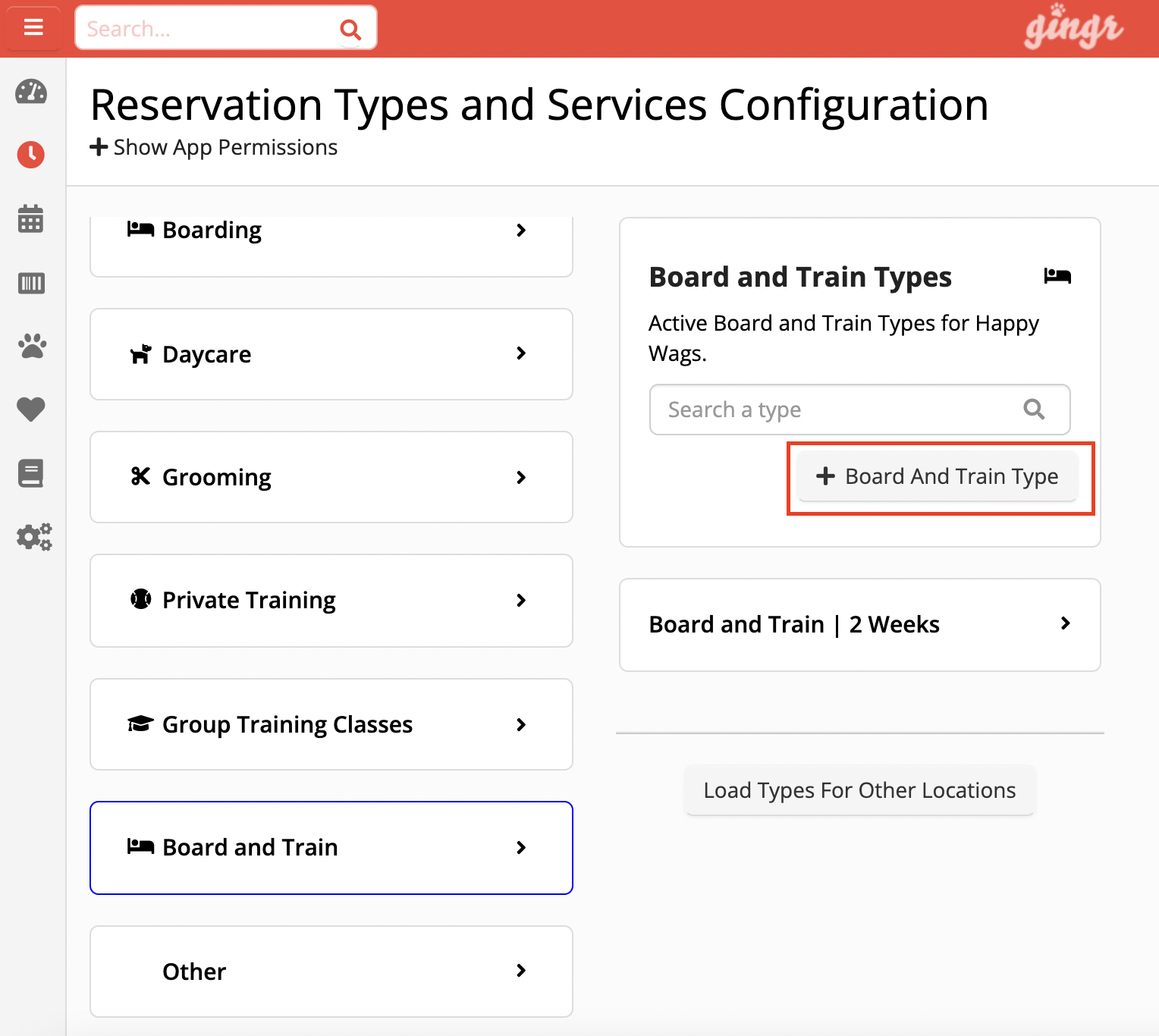 Reservation types configuration menu