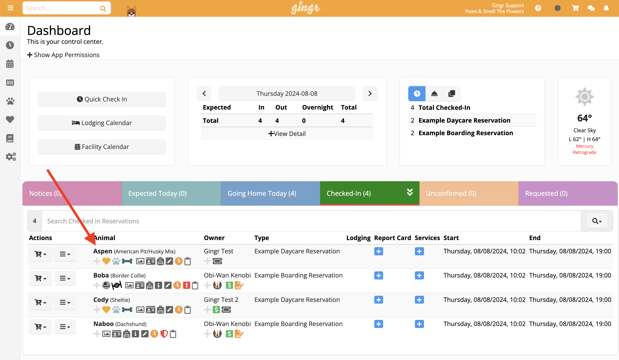 Dashboard with animal check-in details