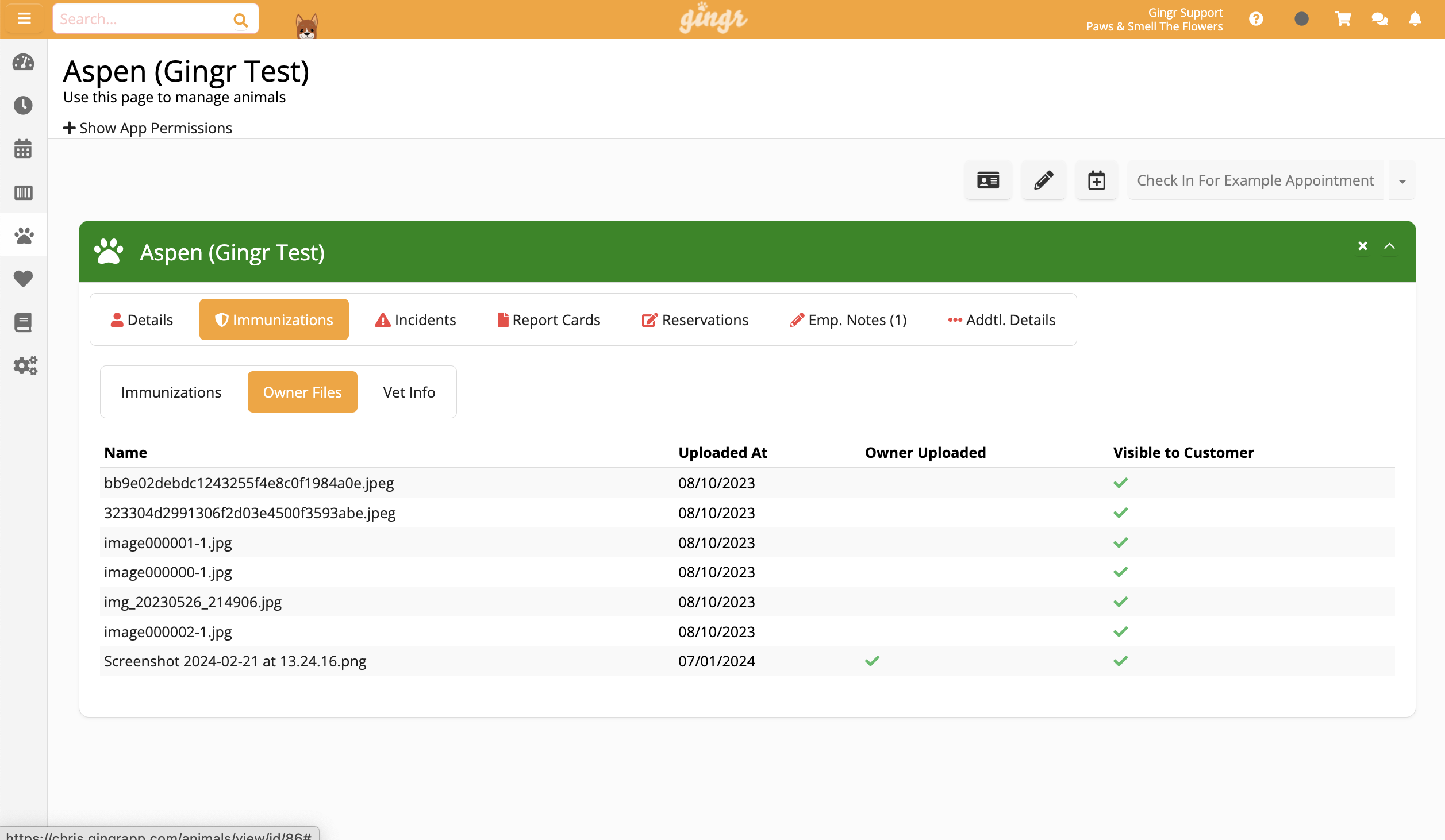 Animal management app interface with file list.